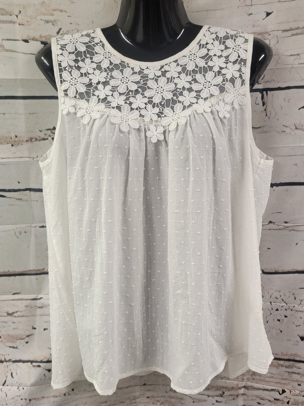 Adiva White Sleeveless Lace Yoke Swiss Dot Cotton Blouse Women's Medium